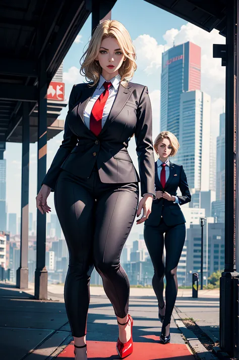 a group of beautiful women with thoughtful eyes, a striking nose, and full luscious lips, wearing a grey pinstriped trouser suit, white shirt, and large red paisley necktie, with a blonde ponytail, red lips, and massive curvy figure in a crimson pinstriped...