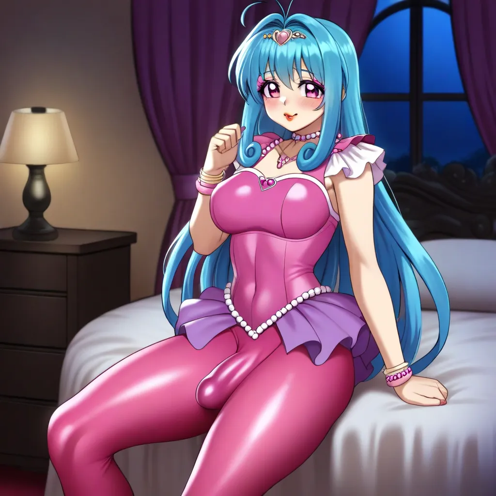 best quality, amazing quality, very aesthetic, absurdres,
1girl, Mermaid Melody Luica, solo, long hair, blue hair, pink eyes, pink eyeshadow, pink blush, red lips, girl wear Mermaid Melody Luica outfit, bedroom, royal bedroom, night, male chest, bulge peni...