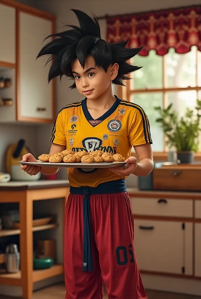 Goku from Dragon ball z in a Jersey holding tray of cookies