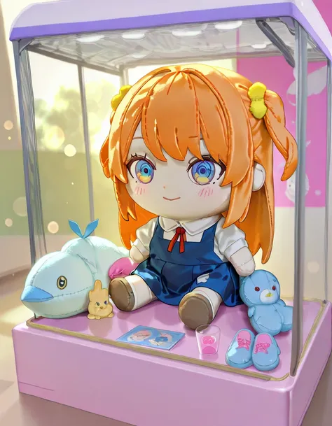 character doll, Plush toy in a crane game glass case、A stuffed animal that is lifted and carried by a machine arm、Impressive low angle、Plush toy with a schoolgirl character、realistic texture of stuffed animals、4K Digital Illustration、realistic、professional...