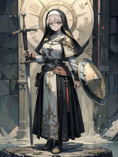     ladies 1,    High Definition Art   , Girl in armor,   big breast:1.2,    sword and shield  , Big Breasts, a nun with a black veil   ,  armor,   full body, glasses,   Black Veiled Nun with Sword and Shield , 