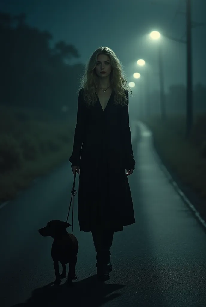 Create for me an image on the theme lost with a blonde woman on a lost road at night hair curly brown eyes not dress in black with a baby dog on a leash  