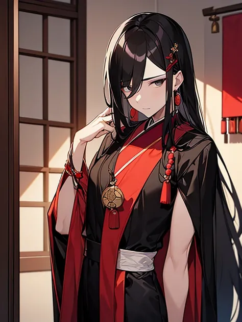 beautiful young man, long black hair, black eyes, male geisha, male courtesan, red clothes, slender-waisted, delicate figure, man dressed as woman, hairpins, light makeup, earrings, chinese style room, jade bracelet, sword dance.