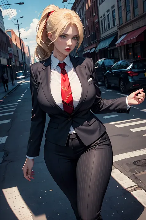 a group of beautiful women with thoughtful eyes, a striking nose, and full luscious lips, wearing a grey pinstriped trouser suit, white shirt, and large red paisley necktie, with a blonde ponytail, red lips, and massive curvy figure in a crimson pinstriped...