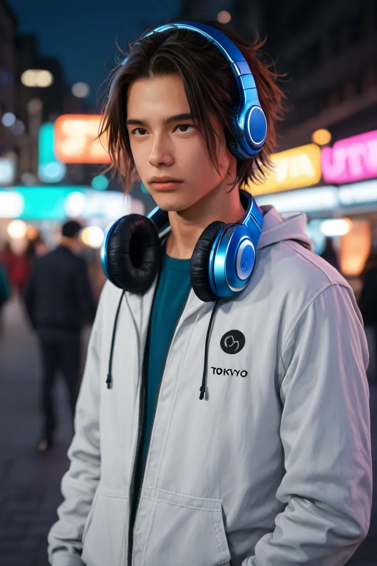 A young man, energetic, about 25-35 years old.Asian appearance
He is dressed in ultramodern but practical clothes. The hairstyle is short in a modern style. Noise-canceling headphones. The background resembles Tokyo with a blurred background