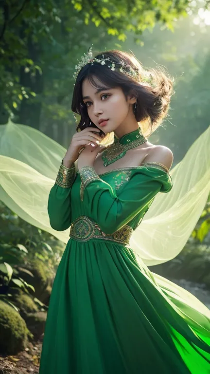 (masterpiece, top quality, Highest, Official Art,  beautiful and aesthetic,  long exposure : 1.2), Smooth movement,  Fascinating Patterns , 1 girl, ( long sleeve long dress : 1.3), (((Green clothes) )), upper body close-up, bare shoulder, Chinese girls, , ...