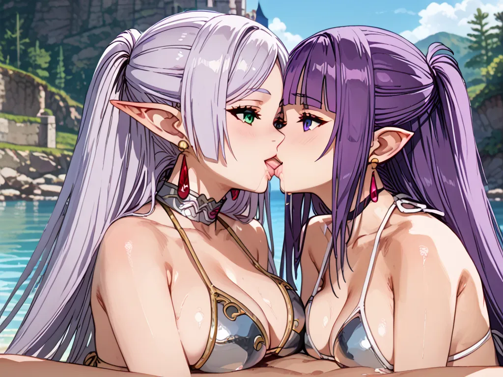 subject1: (((frieren, grey hair, long hair, green eyes, twintails, parted bangs, earrings, pointy ears))) kissing in the mouth subject2: (((fern \(sousou no frieren\), large breasts, long hair, purple hair, half updo, blunt bangs, purple eyes, ((human ears...