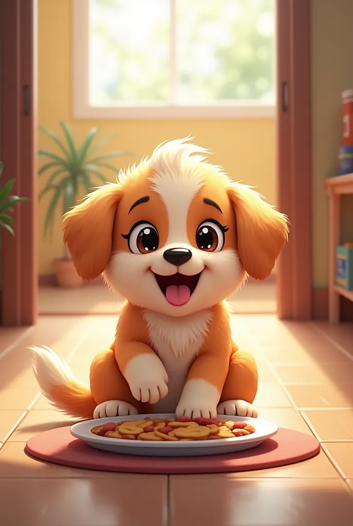 Create an image where there is a happy animated puppy eating on his plate