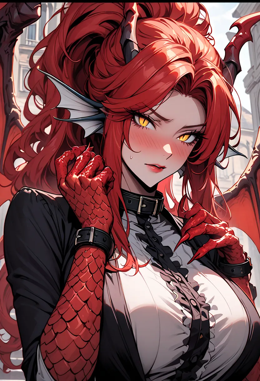 red head fins, huge breasts, very tall woman, athletic, slit pupils, dragon horns, wings, large woman, solo, female, close up, long hair, curly hair, big hair, ponytail, red hair, golden eyes, red dragon tail, red dragon wings, red scales, red claw hands, ...