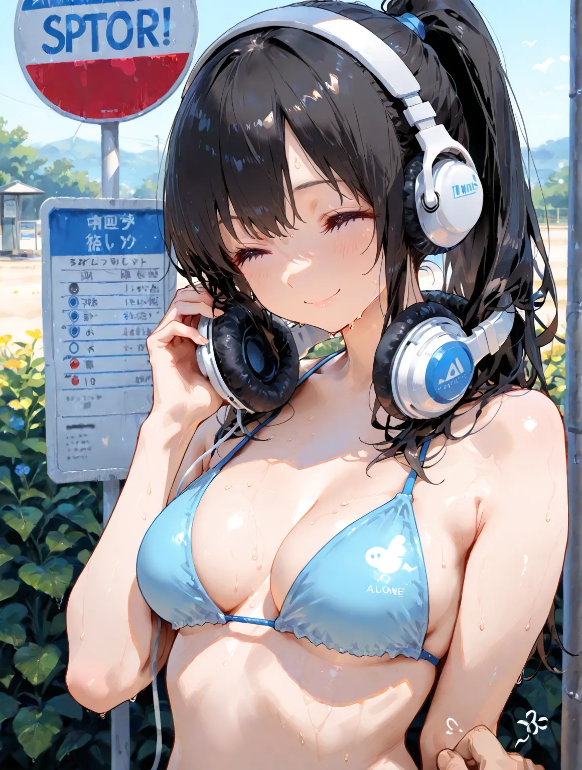  (masterpiece, best quality, great quality, Detailed Background, complex details, It's ridiculous, very aesthetic,alone,alone focus)
BREAK medium breast,black ponytail,    black hair、beautiful woman, light blue eyes,,(plump body:0.8)
BREAK a Bus stop sign,...