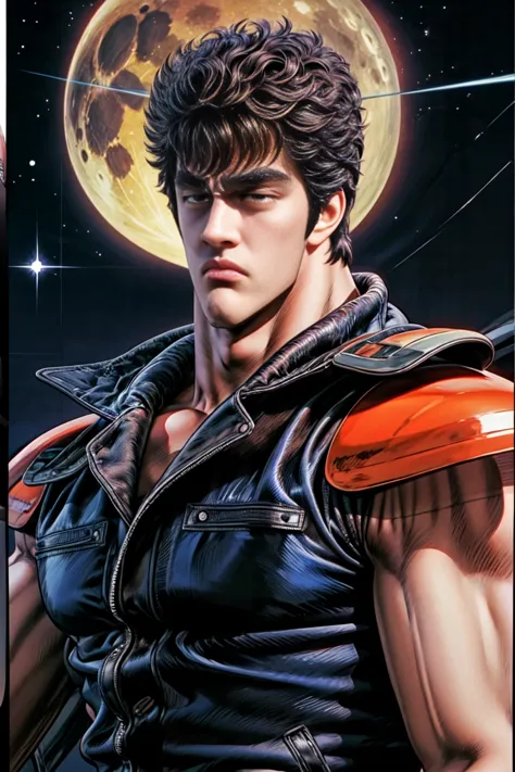 1人のmaleの子 ,  male、8K quality、 detailed image quality  、  Kenshiro stares at me、masterpiece、  upper body、   combat style、kicking karate posture、 shout、 angry face、Small Mouth、disheveled hair、posture representing fierce fighting spirit、   red undershirt、 Bla...