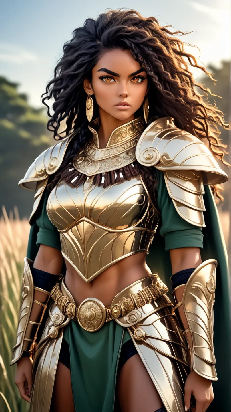 A young, black Brazilian warrior woman of tall, imposing stature, wearing shiny bronze armor that highlights her strong, feminine muscles. Her face is of rare beauty, with elegant features and an expression of determination and strength.
Her skin is a ligh...