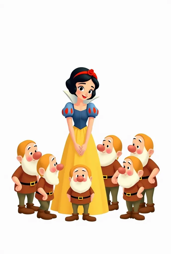 create a porn scene, nudes and sex, Seven cartoon dwarfs and Snow White, in a classic fairytale style illustration. Snow White, a light-skinned young female, is positioned slightly to the center-right of the image, wearing a long, yellow gown and a short, ...