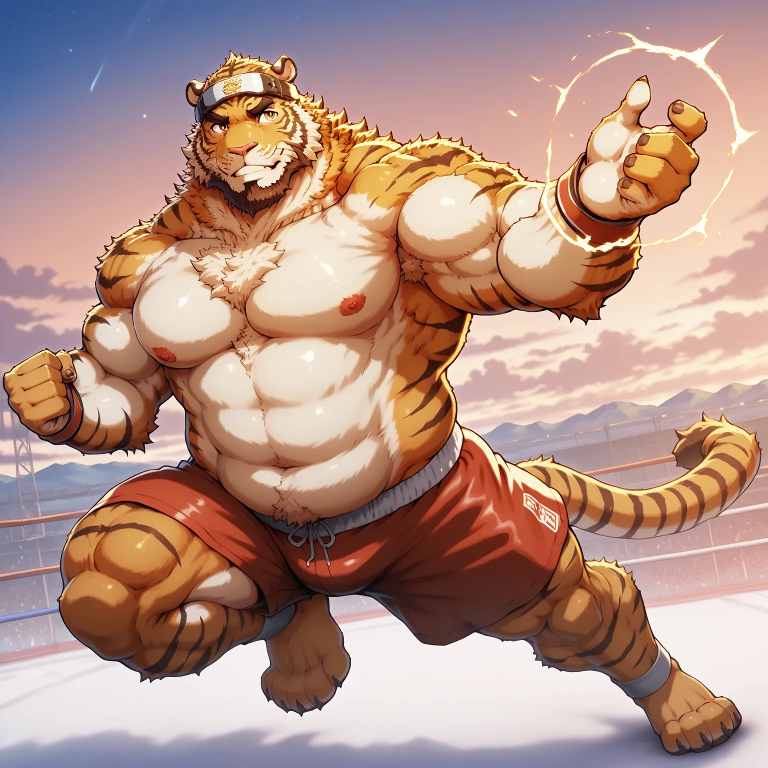 2boys, character focus, full body, looking away, dynamic angle, boxer, musclegut middle-aged eastern dragon boys vs musclegut middle-aged white tiger boys, fighting boxing, boxing costume clothes, boxing pants,  headgear, sandbag, fighting stance, BREAK fu...