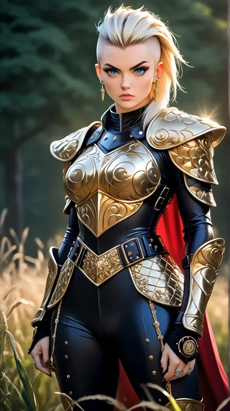 A young, tattooed English punk warrior woman of tall, imposing stature, wearing shiny bronze armor that highlights her strong, feminine muscles. Her face is of rare beauty, with elegant features and an expression of determination and strength.
Her tattooed...