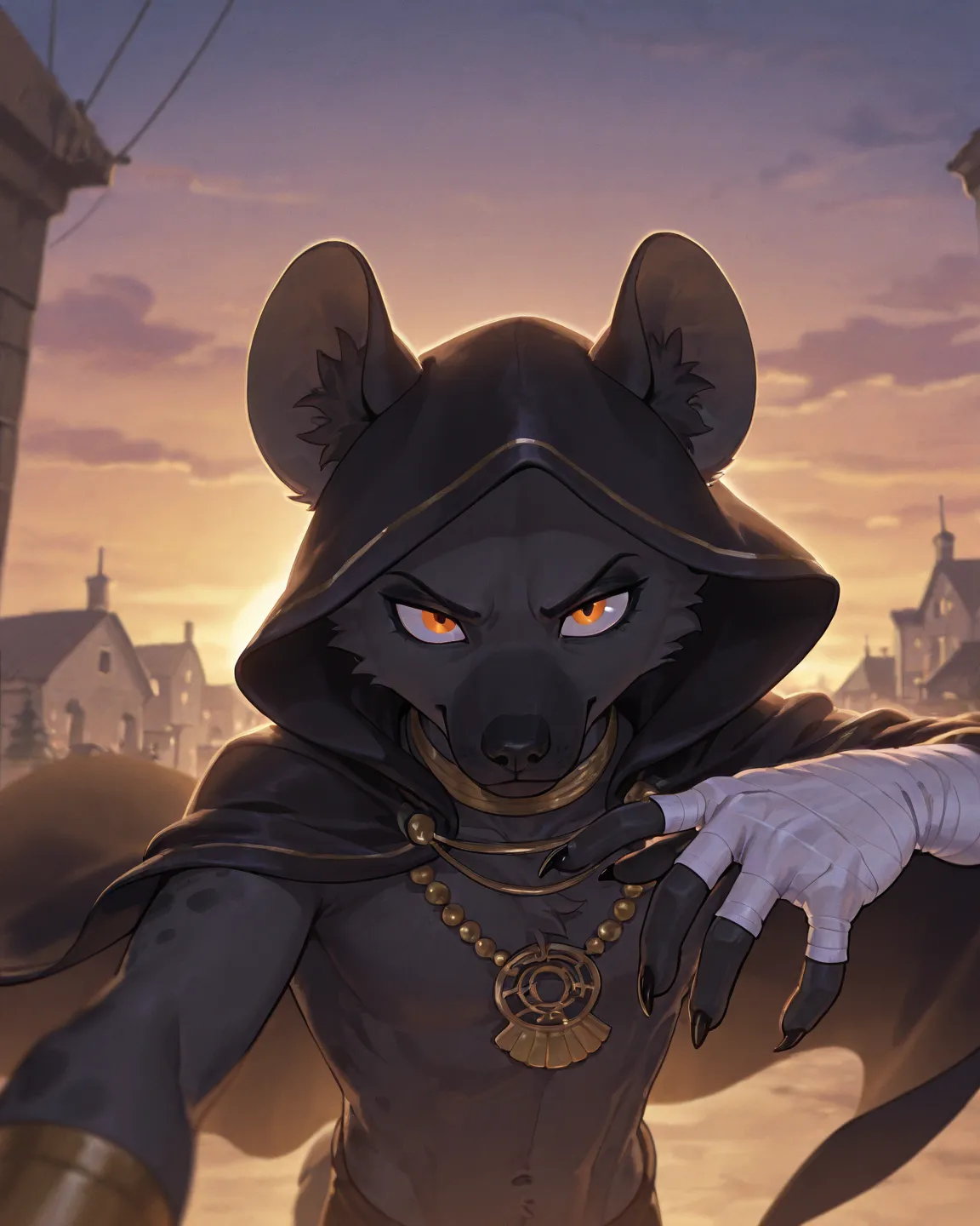 score_9, score_8_up, score_7_up, score_6_up, score_5_up, score_4_up, evnstnly, solo, 1male, hyena, black cloak, black fur, orange eyes, looking at viewer, close view, posing, persian village, hood, egyptian necklace, dominant pose, dynamic view, white band...