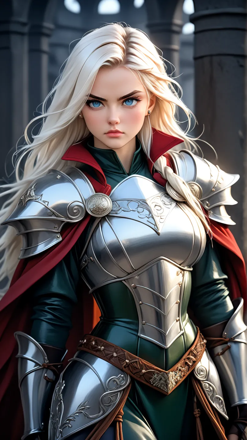 A young Norwegian warrior woman of tall, imposing stature, wearing shining bronze armor that highlights her strong, feminine muscles. Her face is of rare beauty, with elegant features and an expression of determination and strength.
Her skin is extremely m...