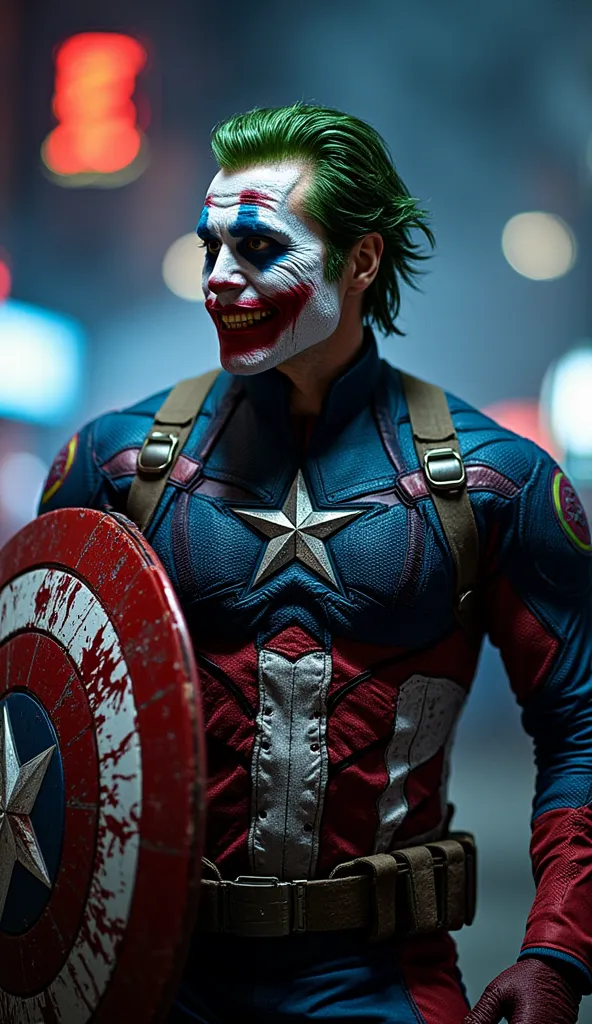 (best quality, 128k,highres,masterpiece:1.2),ultra-detailed,(realistic,photorealistic,photo-realistic:1.37), ((masterpiece)) ((photography)) ((Highest quality)) The Joker reimagined as Captain America, wearing a twisted version of the iconic suit. His cost...