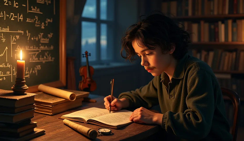 masterpiece, ultra quality, 8k UHD, best quality, highly detailed, cinematic lighting, hyper-realistic, vibrant colors, photorealistic textures
(main subject: Albert Einstein as a young boy, around , sitting at a wooden desk, intensely focused on a book fi...