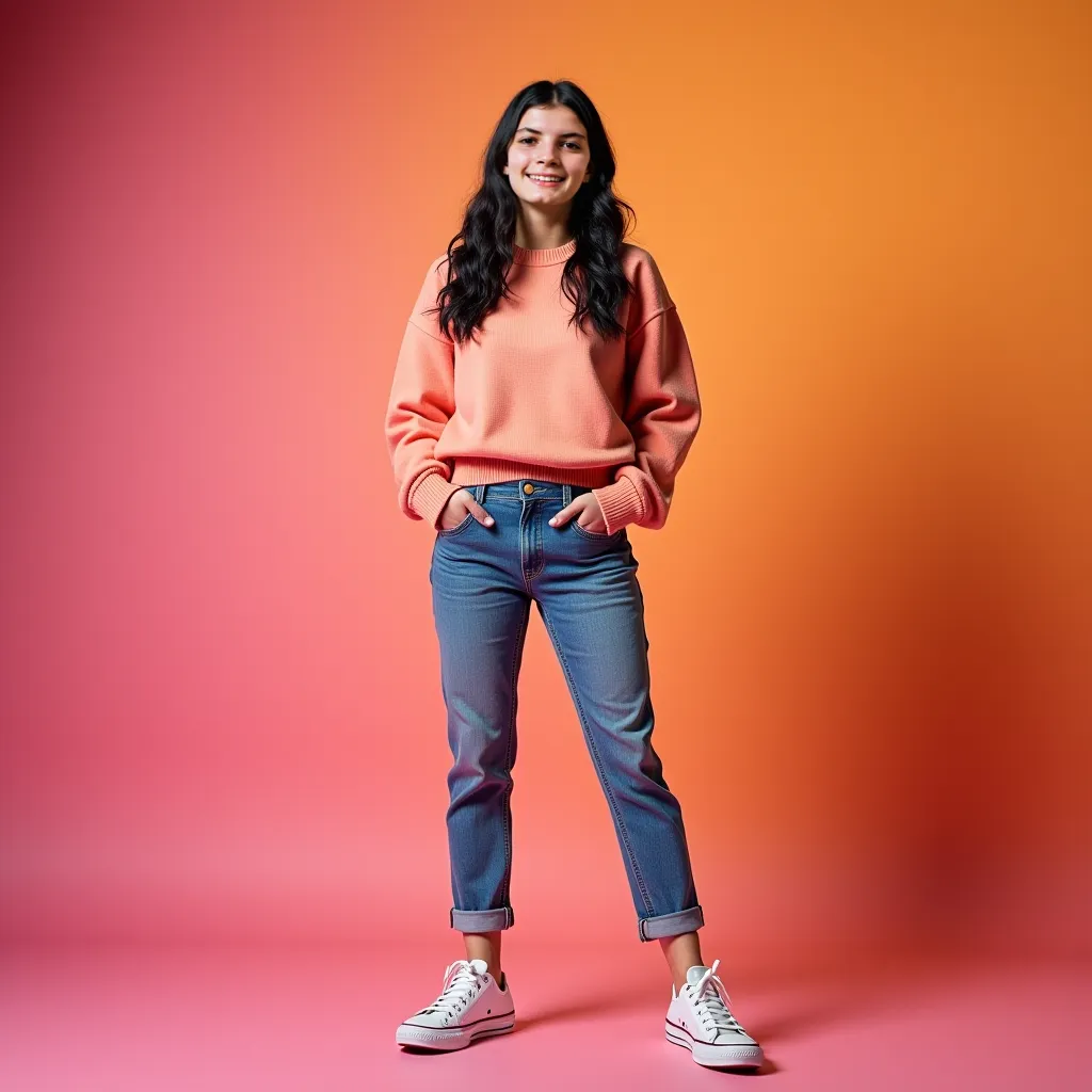 The composition of the image is in striking and contrasting tones in the style of Nickelodeon. In a studio a 15-year-old girl with a smile on her face is posing in front of the camera. The young woman has black hair, in a fashion fashion professional studi...