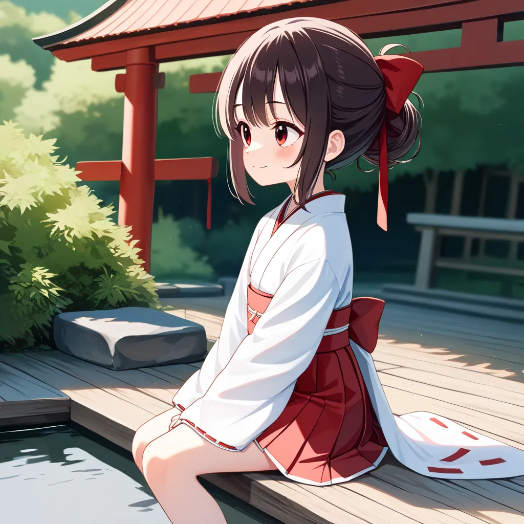 {best quality}, {very aesthetic}, {ultra-detailed}, {best illustration}, {masterpiece}, {detailed beautiful eyes}, {extremely detailed}, cute female ,, (wearing Japanese white clothes:1.6), BREAK (red short skirt:1.3), look up, , , blush:1.3), in shrine, o...