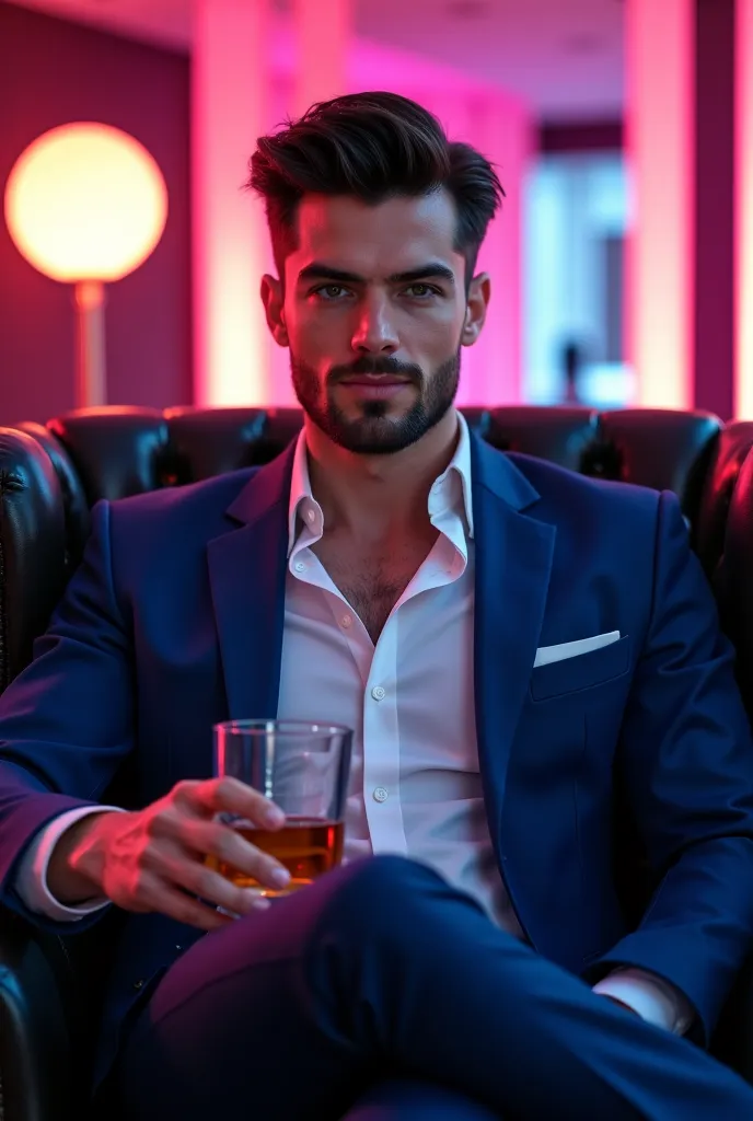 tall green-eyed white man with short black hair and thin beard with a mysterious appearance and an athletic bearing wearing a blue suit and white blouse holding a whiskey cup sitting on a black leather chair in a luxury nightclub with pink and white lights