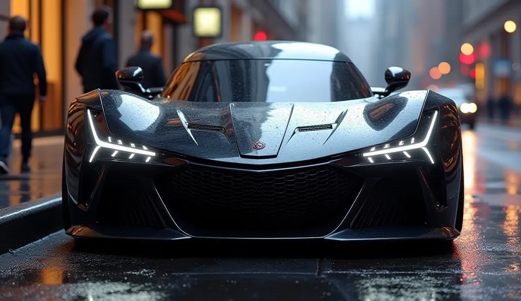 Here’s a detailed prompt to generate a car like the one in your image:

Prompt:
"A futuristic black luxury sports car with an aggressive front design, parked on a wet city street during dusk. The car features sharp, angular headlights with continuous LED s...