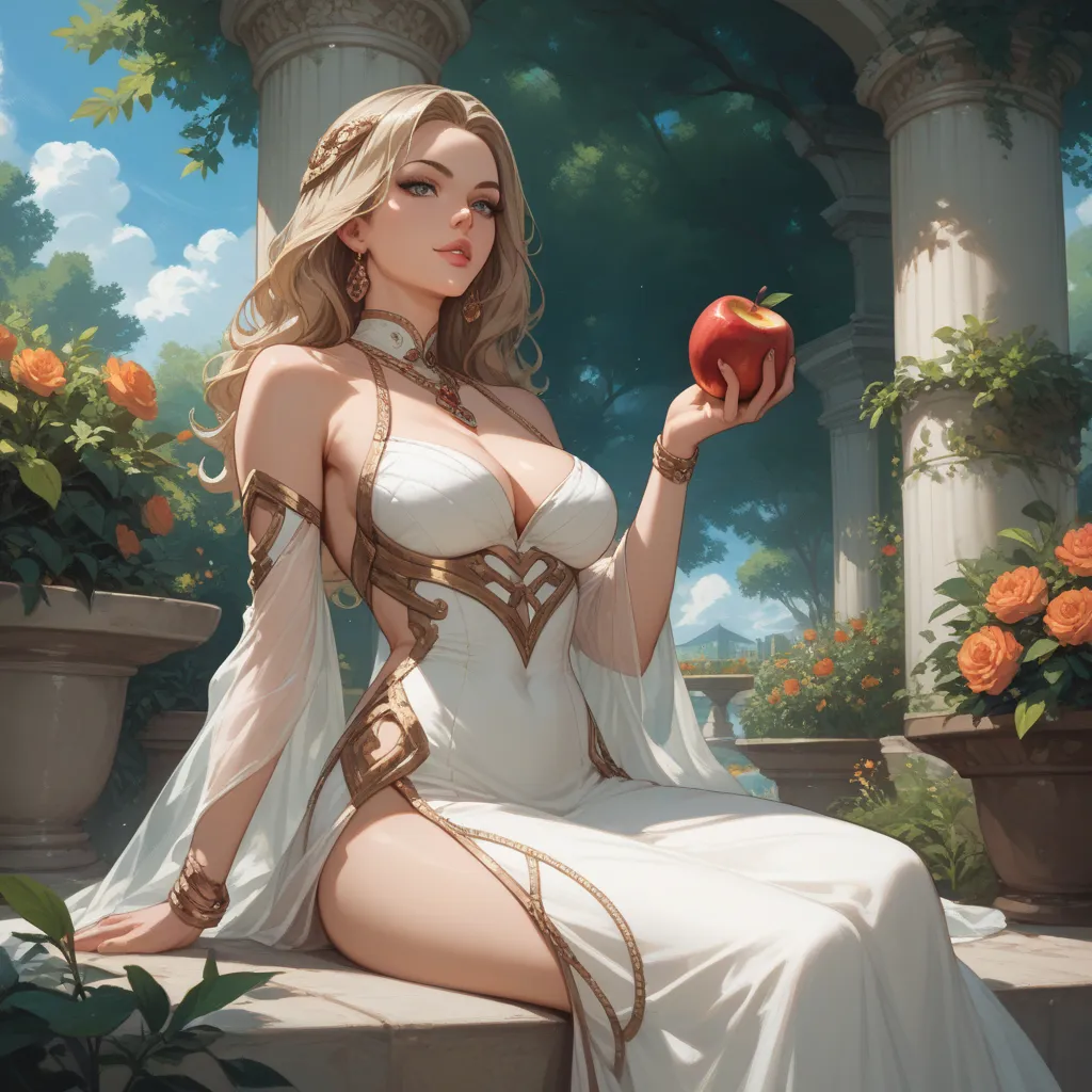 Dynamic angle. Dynamic pose. Goddess woman wearing a dress. Holding an apple. Snake around her body. Sitting on a garden.