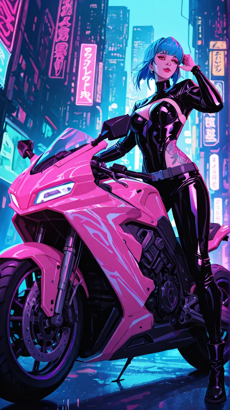 A seductive cyberpunk woman illustrated in a highly detailed anime style, wearing a tight leather outfit with neon pink accents. She has short, spiky blue hair and cybernetic tattoos that glow under the city lights. Her pose is confident, leaning against a...