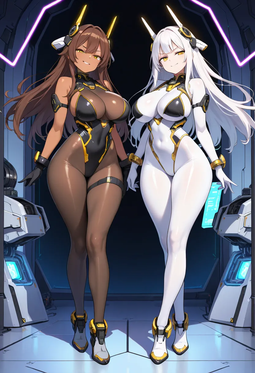 2girls, dark-skinned female, dark skin, white skin, white body, white hair, brown hair, long hair, large breasts, breasts, wide hips, yellow eyes, smile, smirk, smug, bodysuit, black bodysuit, white bodysuit, white trim, gold trim, sleeveless, pantyhose, w...