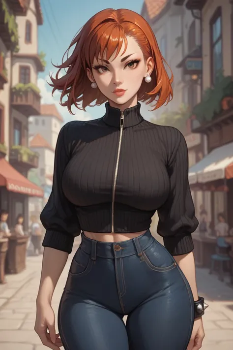 Make Chun Li busty redhead and blunt bob hair hairstyle (body measurements: bust: 32H ,waist: 58 cm,  hips: 90 cm.) with a thin black sweater with an open zipper and black denim pants.