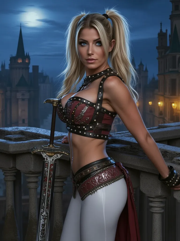 Alexa Bliss, sexy medieval sellsword, cleavage, standing on balcony, twintails, huge breast size, athletic body, white corset, skintight white leather pants, leather belt, ultrarealistic, background is european medieval city, nighttime with the full moon v...