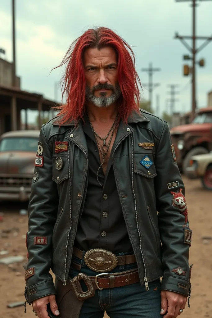 Amidst the desolate wasteland, a long hair 
 outlaw stands out against the backdrop of decay. His red hair, once vibrant and full, now holds hints of gray, framing a ruggedly handsome face. A worn-in black leather jacket hugs his lean frame, adorned with i...