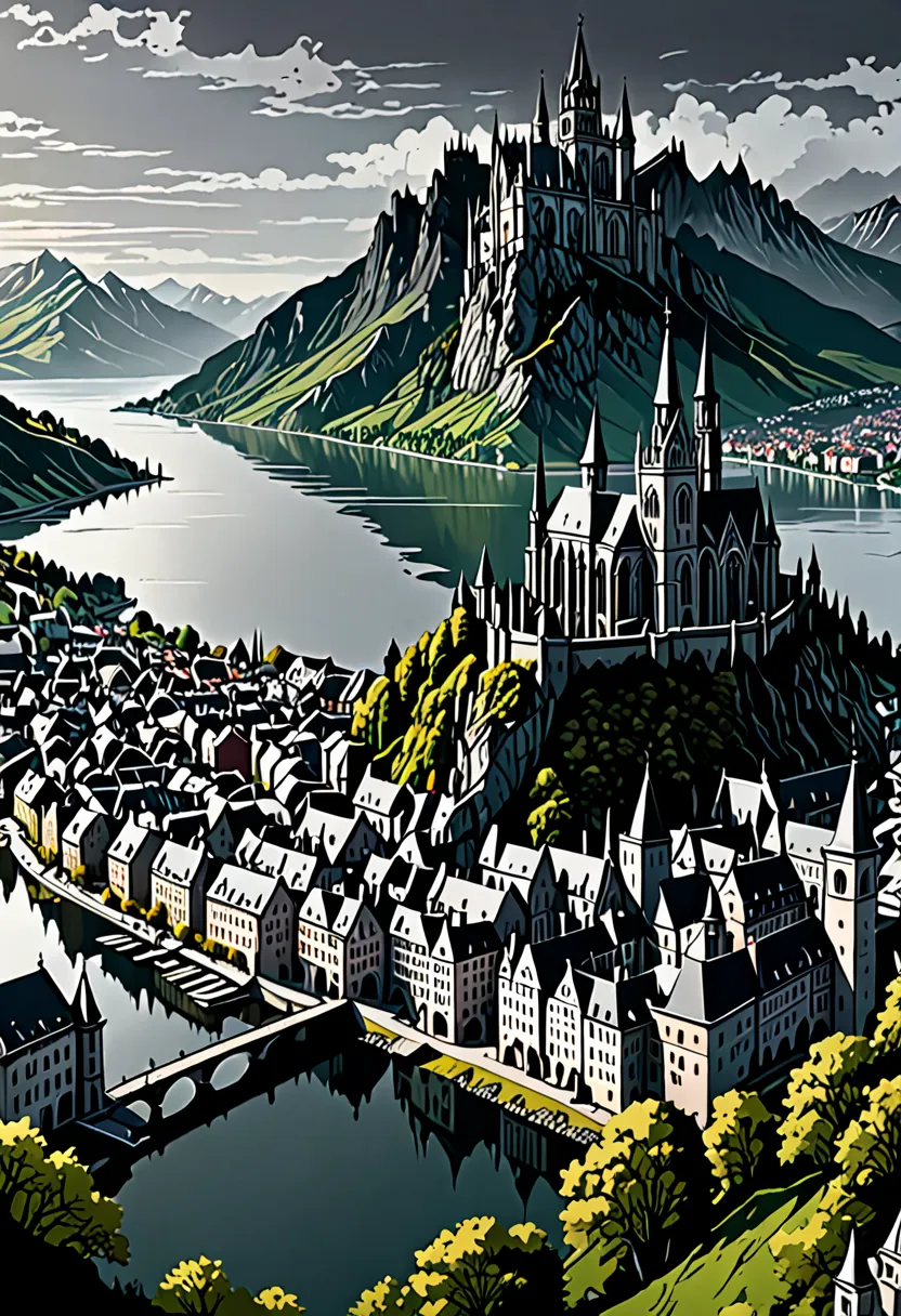 ultra detailed image of a Gothic-style city with a gray sky, with a coast with mountains and a lake, maximum details, the lord of the film rings style, in 4k, impressive colors, contrast and marked shadows, drawing style romanticism German