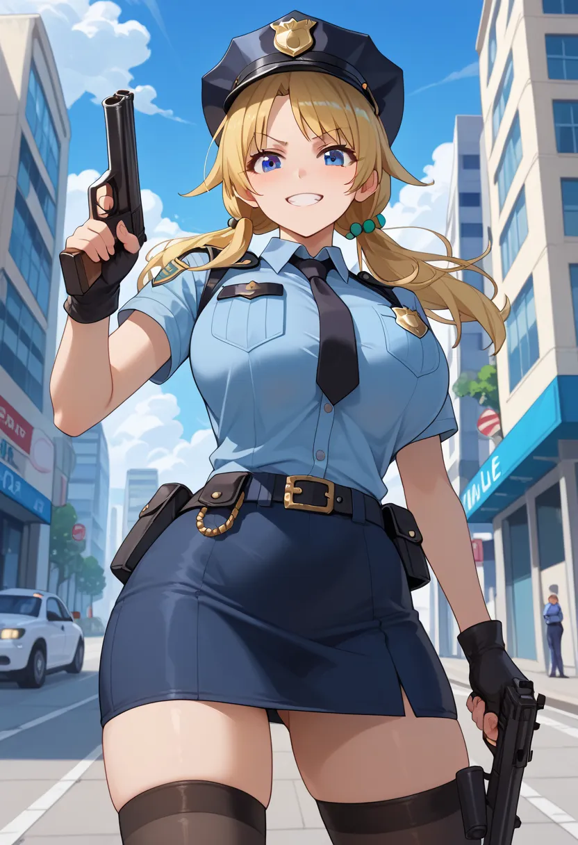 hachimiya meguru, 1girl, blonde hair, low twintails, long hair, blue eyes, huge breast, (police uniform:1.3), tie, button gap, police cap, tightly skirt, thigh highs, short sleeves, sharp eyes, hold gun, ready gun, pointed gun, looking viewer, outdoor, kin...