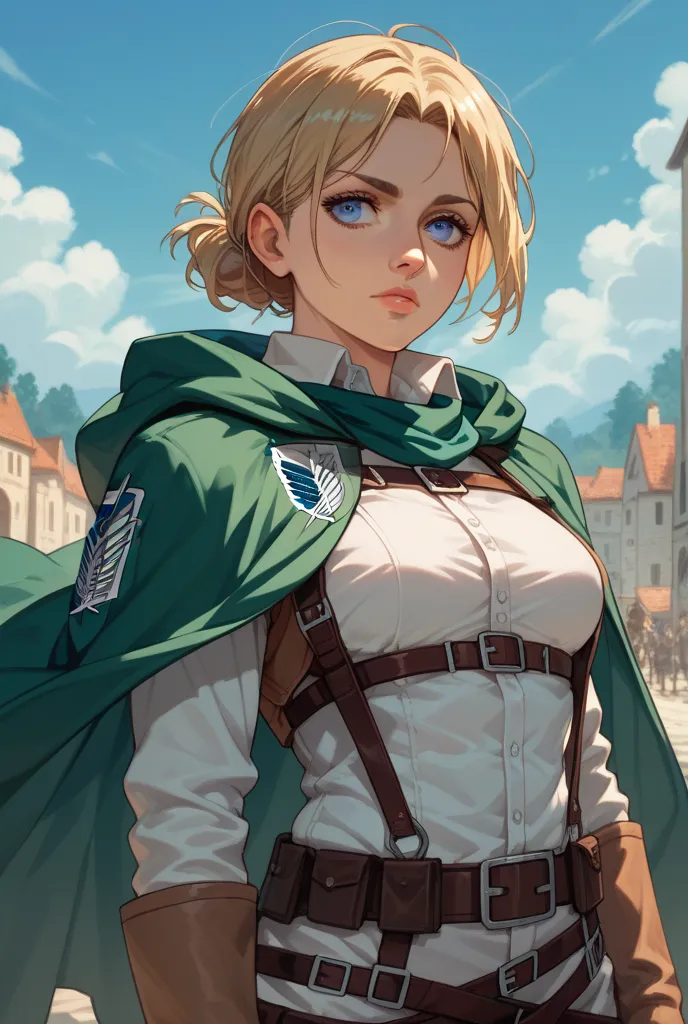 Blue-eyed girl with straight blond hair,  not too tall jacket, with green cape and harness, Attack on Titan map