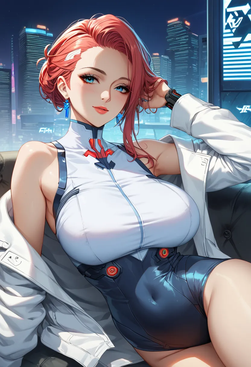 score_9, score_8, score_7,  score_You are source   _     anime, 1mature_FE,    a woman, Scarlet hair, Hair on the side, Implant cybernetics, blue eyes, white shirt,  white jacket, falda blanca,  white network media, Cyberpunk city background, cuerpo perFEc...