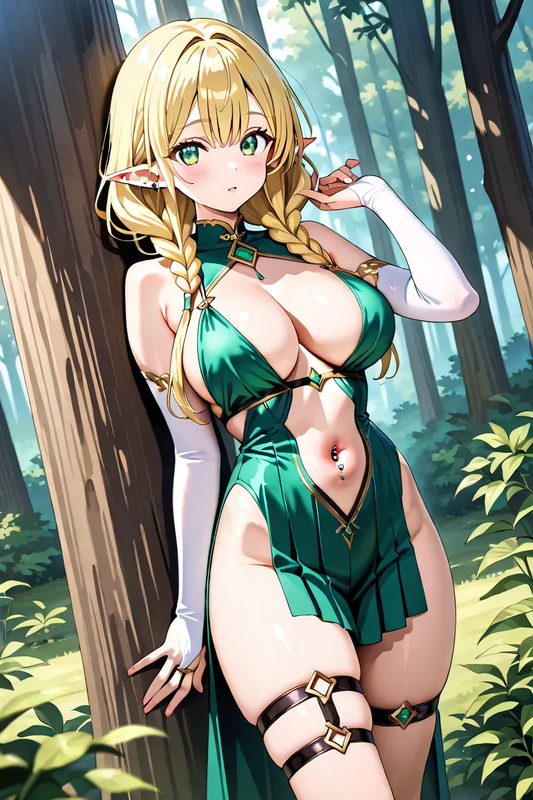 BEST QUALITY, ULTRA DETAILED, PERFECT ANATOMY, HIGH DEFINITION, INTRICATE DETAILS, ALONE, 1girl, slim, medium-large breasts, blonde hair, long hair, braided locks, green eyes, pointy ears. Outfit: tight pleated dress, green dress with white details, with f...