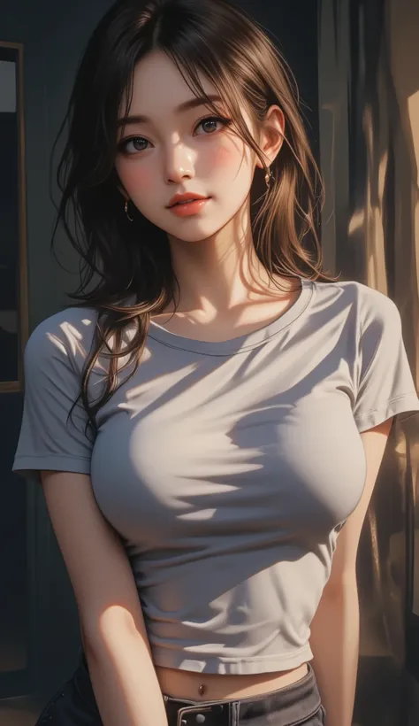 A sexy girl wearing wet ((Open-chested T-shirt)) and short skirt, no panties, smile, light smile, shy, licking lips, gloom (expression), seductive smile, (huge well-defined breasts,deep cleavage)、((lean forward、Nipples through the gaps in T-shirts)), light...