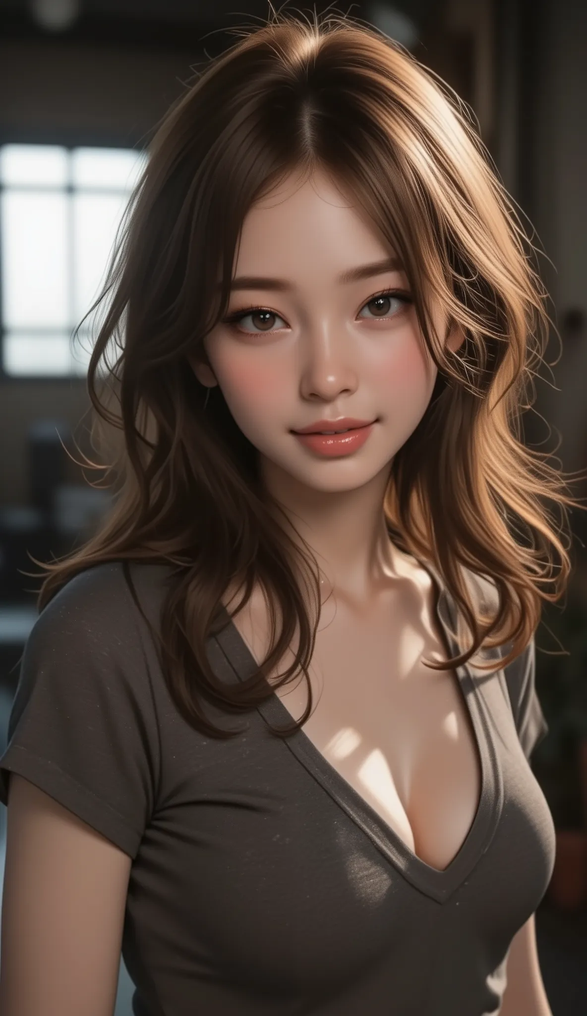 A sexy girl wearing wet ((Open-chested T-shirt)) and short skirt, no panties, smile, light smile, shy, licking lips, gloom (expression), seductive smile, (huge well-defined breasts,deep cleavage)、((lean forward、Nipples through the gaps in T-shirts)), light...