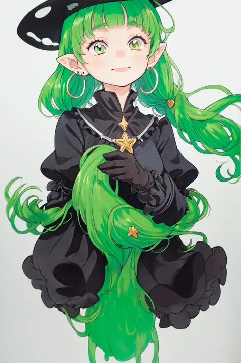 1girl, solo,  long hair, star \(symbol\), pointy ears, witch hat,  smile, puffy sleeves, earrings, looking to the side, jewelry, upper body,  bangs, blunt bangs, gloves, very long hair, green hair, witch, wavy hair, dress, low twintails, closed mouth,white...