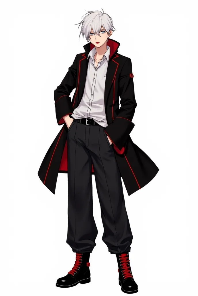 Male character with white hair shaved on the sides with a red lock on the front and with a wide blouse and loose pants with black boots and a black coat with red lines and a cardial of red boots with a lollipop in his mouth 