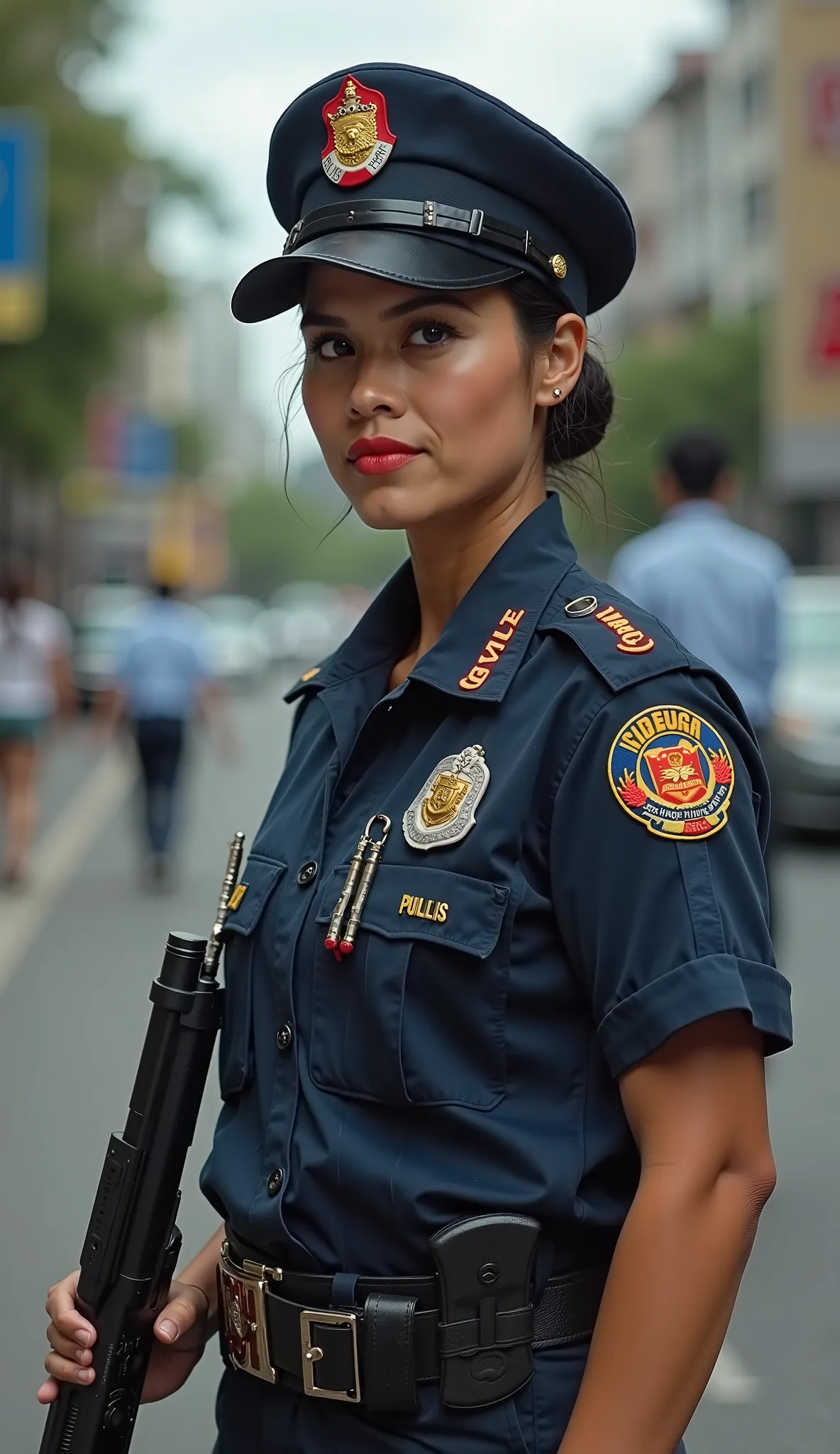 This beautiful 8K quality picture shows a plump,  She has a determined yet beautiful smile, strong and beautiful Filipino police officer with tan skin, deep brown eyes, black hair in a bun, wearing a dark blue 'Pulis' uniform with a red and yellow emblem, ...