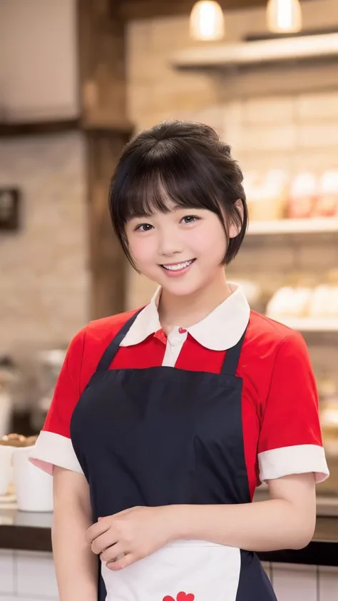 Only one woman, standing, (Staff uniform) (Red apron), /(Black hair/) Bangs, Gentle smile with blush on cheeks, (Top quality masterpiece :1.2) Super detailed delicate illustration, ((Big break)), (Cafe shop) Indoors, (((18 year old girl, Slim, ))), ((Red a...