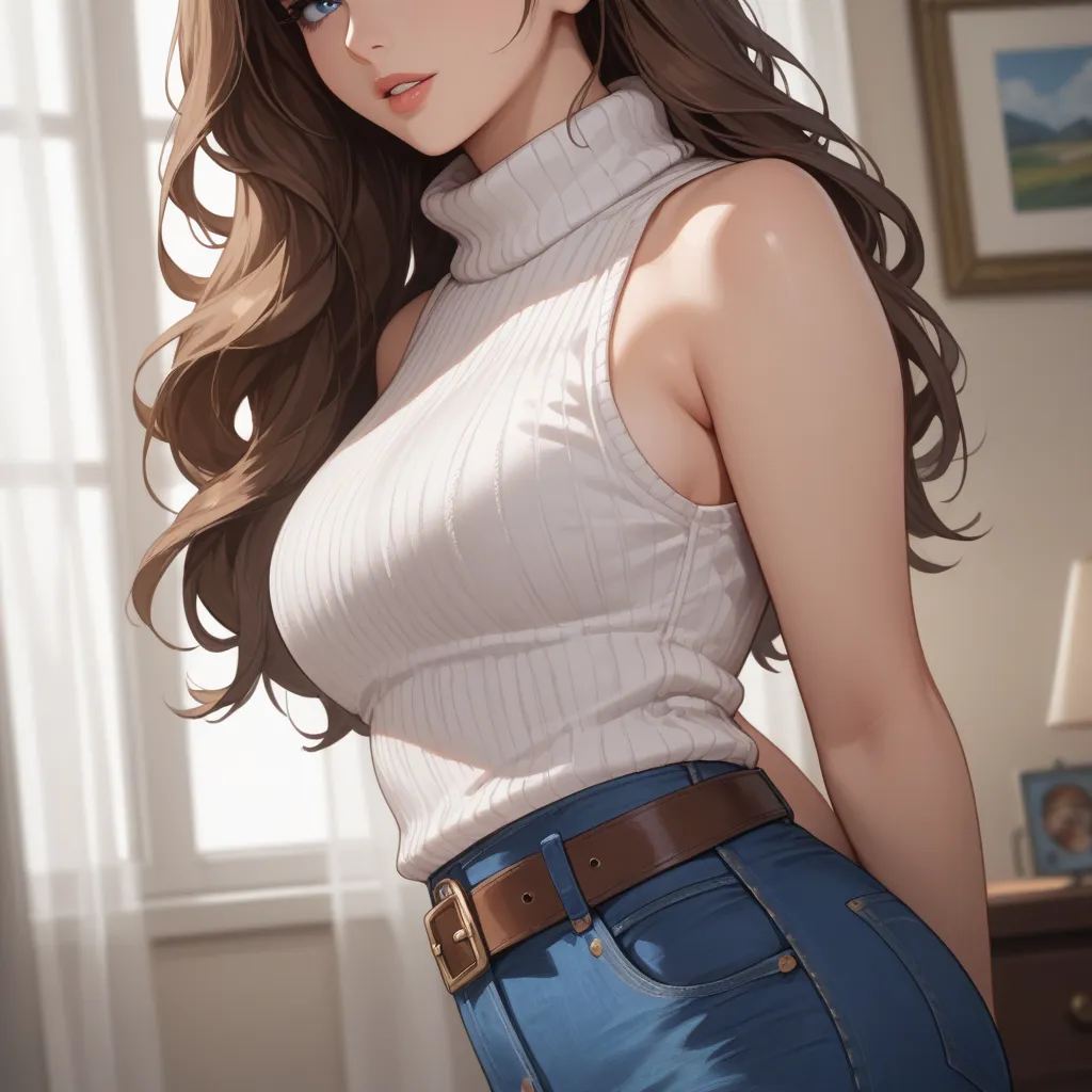 1girl, Solo, Long Hair, High Resolution, Looking at viewer, Blue eyes, Brown Hair, Parted Lips, White Sweater, Belt, Long Denim Skirt, Adult Woman, Sexy Body, Youthful, Sharp Features, Sleeveless Sweater, Hotel Room Backround, Hands Behind Back, Breasts, C...