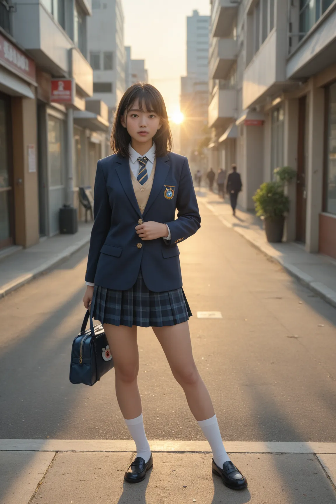 A realistic Japanese high school girl, full-body shot. She has black medium-length hair and is standing in an urban setting during the morning sunrise. She is holding a school bag with a bear mascot keychain attached. She is wearing a traditional high scho...