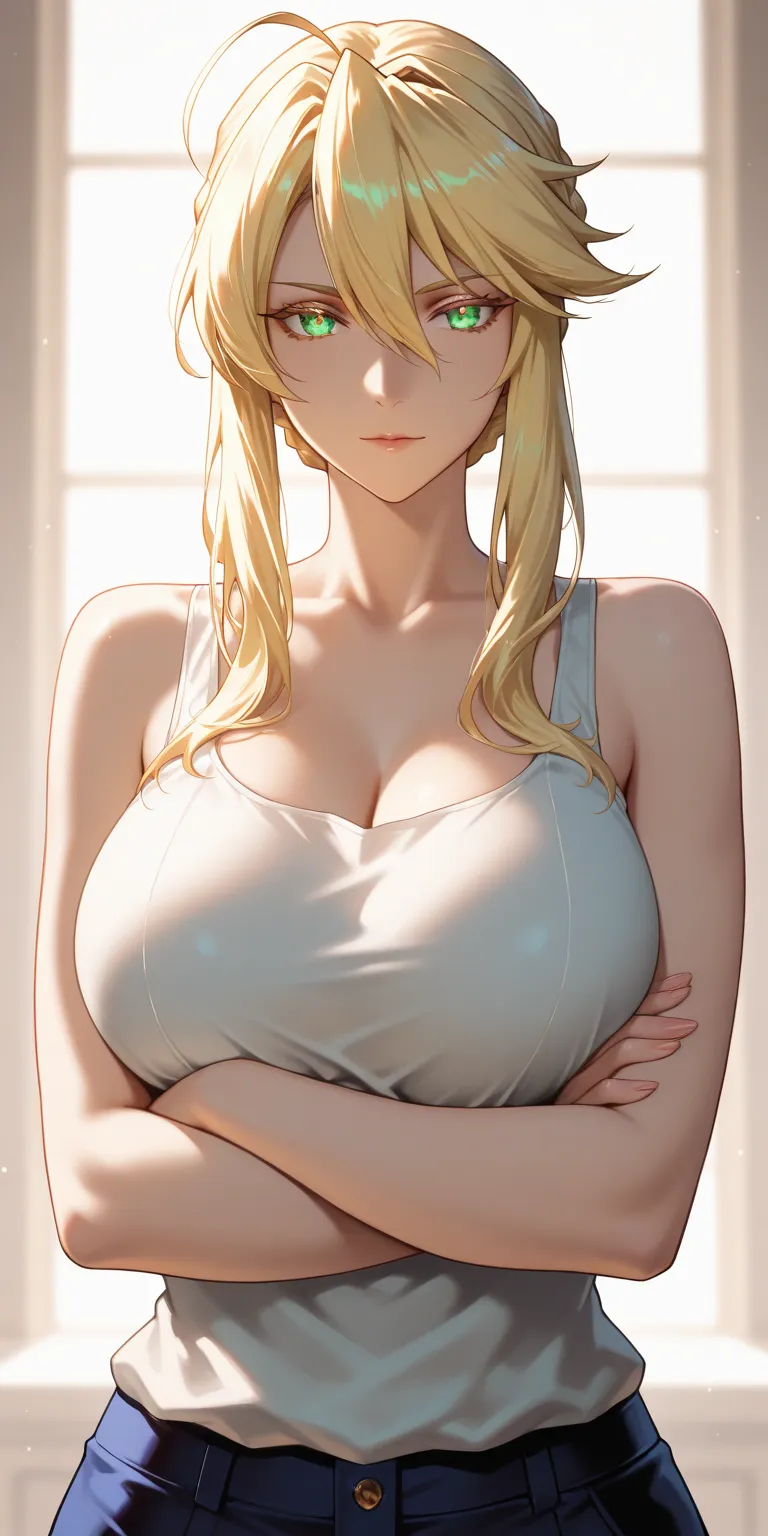 Masterpiece, very aesthetic, vibrant, high contrast, high resolution, ultra detailed, elegant mature woman, crossed arms, artoria Pendragon (lancer), tank top, milf, soft light, best quality, newest, Castlevania: nocturne anime style, upper body, colorful