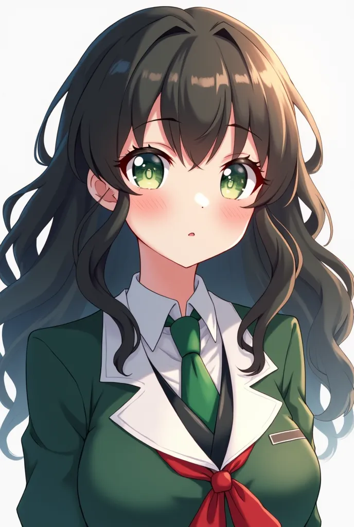 Generate a photo of a beautiful anime girl with curly hair,  long and with bangs , dressed in the uniform from the anime Boku No Hero, The girl has white skin and the girl has heterochromia, one is white and the other green 