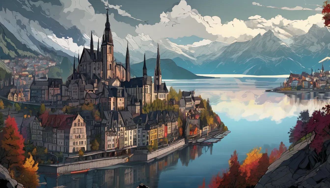 ultra detailed image of a Gothic-style city with a gray sky, with a coast with mountains and a lake, maximum details, the lord of the film rings style, in 4k, impressive colors, contrast and marked shadows, drawing style romanticism German