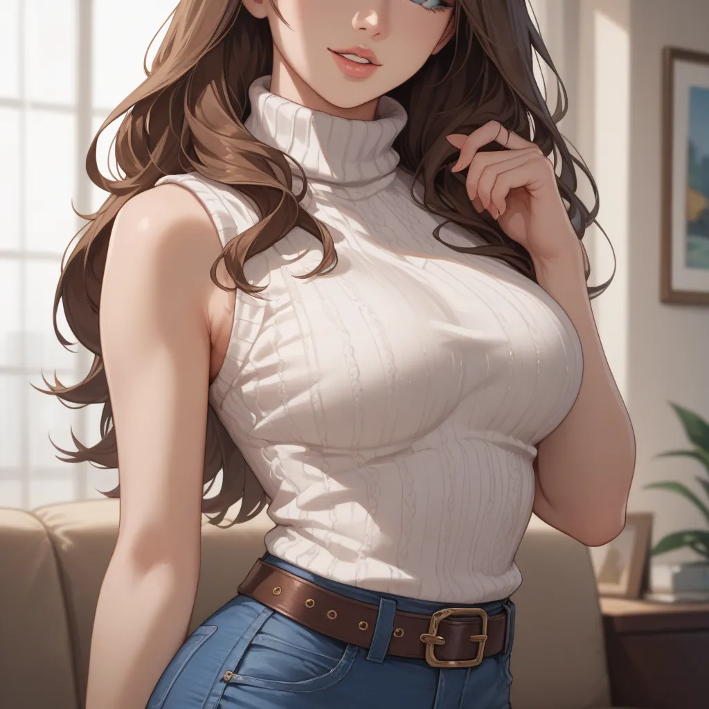 1girl, Solo, Long Hair, High Resolution, Looking at viewer, Blue eyes, Brown Hair, Parted Lips, White Sweater, Belt, Long Denim Skirt, Adult Woman, Sexy Body, Youthful, Sharp Features, Sleeveless Sweater, Hotel Room Backround, Hands Behind Back, Breasts, C...